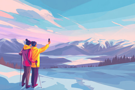 Two hikers, one in red and the other in yellow, are taking a selfie against a stunning snowy mountain backdrop, capturing the beauty of nature and their adventurous spirit in this vibrant sceneの素材