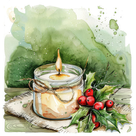 Watercolor illustration featuring a glowing candle in a glass jar, adorned with twine, placed on a rustic wooden surface alongside vibrant holly and red berries, creating a cozy ambianceの素材