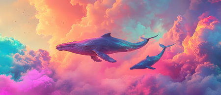 Whale in the sky with color clouds. Fairytale projectの素材