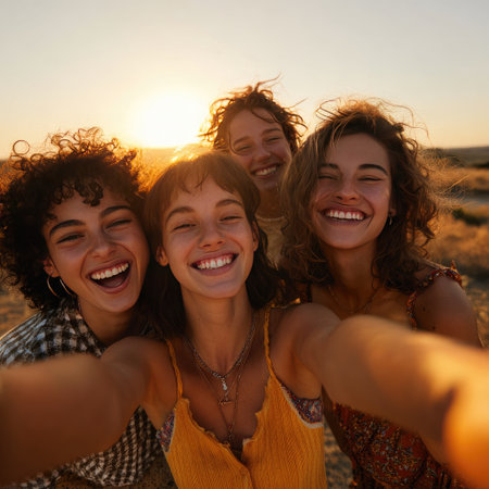 Group of cheerful women enjoying a sunset, sharing laughter and smiles, creating a warm atmosphere of friendship and connection, surrounded by nature's beauty and golden lightの素材