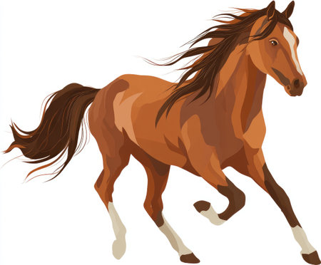 Brown horse galloping with flowing mane in a lush green landscape, capturing the essence of freedom and vitality, surrounded by nature's beauty and dynamic movementの素材