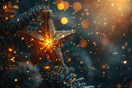 New Year Star on the Christmas tree with light and boke. Christmas and New Year holidays background.の素材