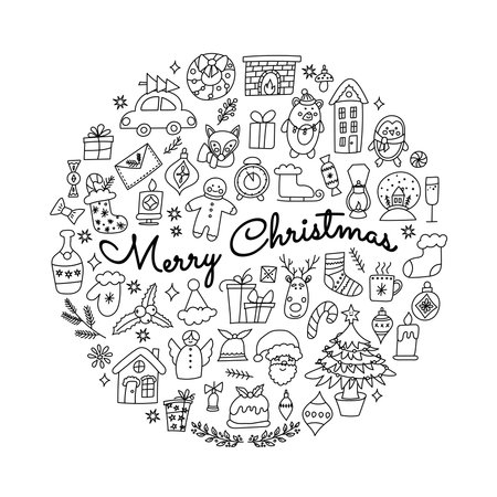 Circular doodle Merry Christmas composition with holiday iconsのイラスト素材