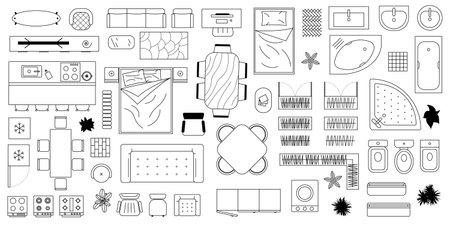 Minimalist interior icons with modern home objects. Furniture outline top view. CADのイラスト素材