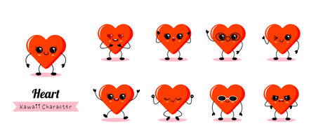 Cute expressive red heart kawaii character emotions collectionのイラスト素材