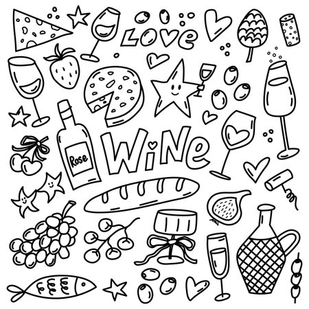 Wine tasting and snacks doodle food illustration collectionのイラスト素材