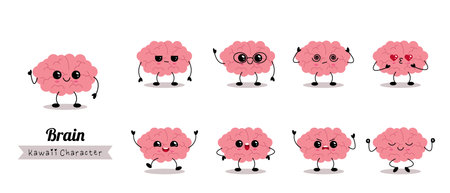 Cute kawaii brain character emotions collectionのイラスト素材