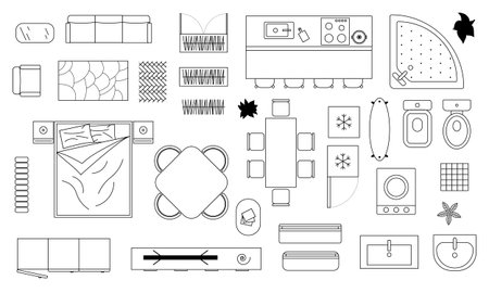 Home furniture interior top view furniture icons collection. CAD drawingsのイラスト素材