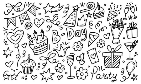 Birthday party doodle celebration elements illustrationのイラスト素材