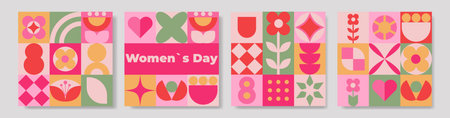 Set of modern geometric greeting cards with floral elements and Women Day theme, abstract vector illustrations for March celebration and print design.のイラスト素材