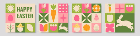 Set of modern geometric Happy Easter cards in green and pink with bunny, eggs, flowers and spring symbols. Flat vector templates for greetings, invitations, and prints.のイラスト素材