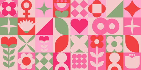 Vibrant geometric banner featuring floral and abstract shapes in pink tones