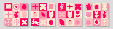 Colorful geometric cards featuring Easter symbols and floral patterns