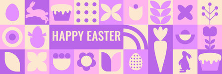 Happy Easter banner with minimalist elements: cute rabbits, Easter eggs, and abstract geometric...