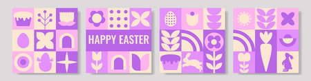 Pastel easter tile grid with stylized rabbit egg flower carrot icons in flat geometric blocks, soft...
