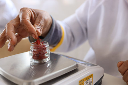 Person weighing red pepper on electronic scale in laboratory, closeup