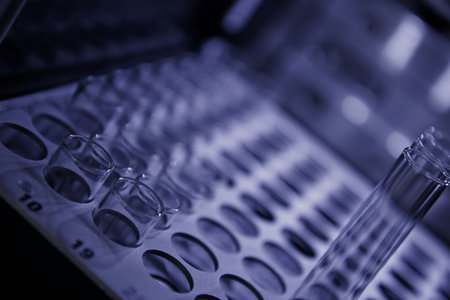 Rack of test tubes on analytical autosampler.  Shallow depth of field, low purple light, focus on...