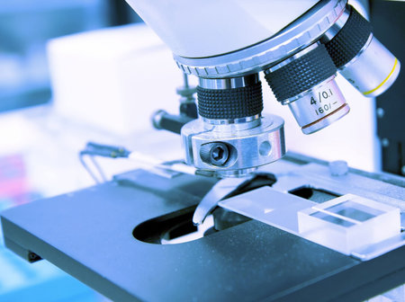Closeup of microscope in biology/medical lab