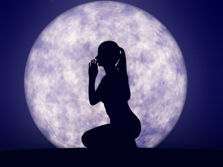 Silhouette of a woman praying in front of full moon.  Fantasy 2D renderの写真素材