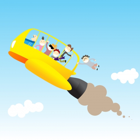 Rocket bus full of teenagers flying through the sky のイラスト素材