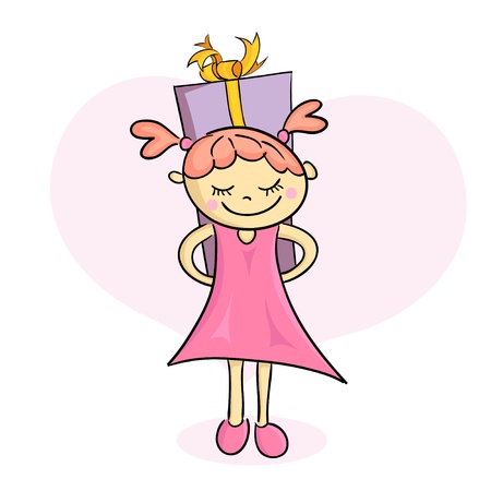 Little girl hiding a big present behind her のイラスト素材