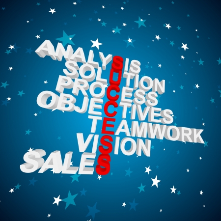3D words of analysis, solution, process, objectives, teamwork, vision, and sales as success formula のイラスト素材