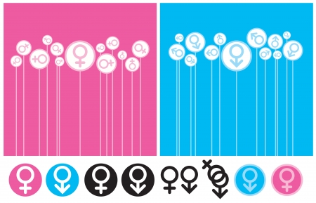 Two settings of gender background for male and female, with symbols のイラスト素材