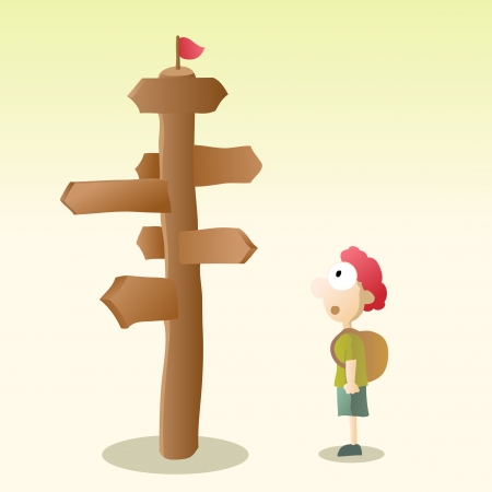 Young kid confused with a blank road sign のイラスト素材