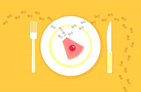 Small footprints going to and away from a partly eaten cake.のイラスト素材