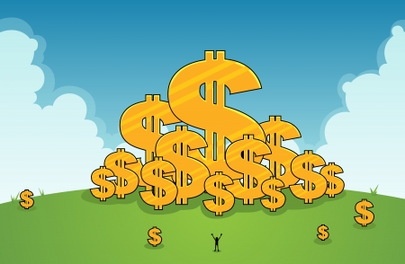 Incredibly lucky man found a pile of golden dollars all for himself.のイラスト素材