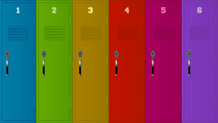 Illustration of six lockers of different colors.