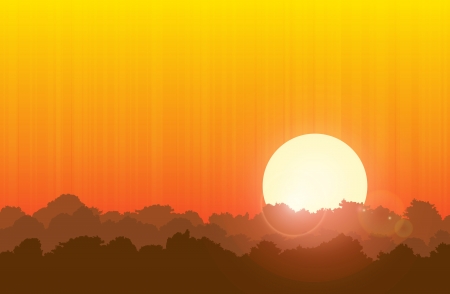 Illustration of the sun and the forest in sunset. Or sunrise.のイラスト素材