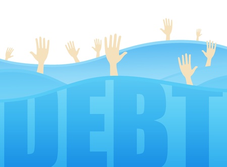 Several hands reaching for help while drowning in the ocean of debt.のイラスト素材