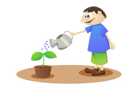 One smiling boy watering a young plant のイラスト素材