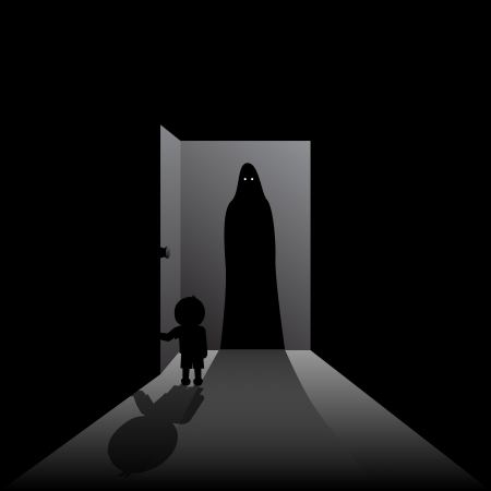 One boy opening the door to a one scary guest のイラスト素材