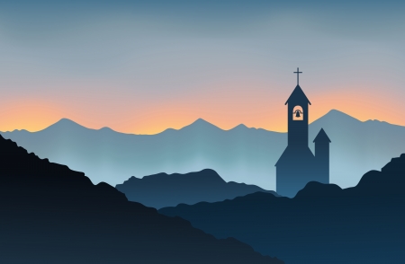 Silhouette of a monastery on top of the mountains at dusk.のイラスト素材