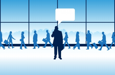 Silhouette of a businessman talking on his cellphone with people walking in the background.のイラスト素材