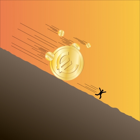illustration of several Euro coins landsliding downward with a fleeing man.のイラスト素材