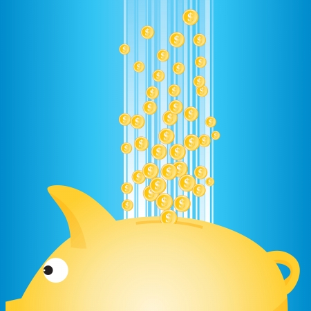 illustration of gold coins pouring into a golden piggy bank.のイラスト素材