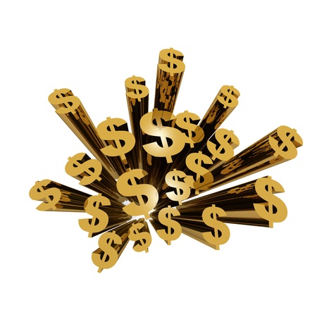 3d render illustration golden dollar symbols viewed from top with very wide angle.の写真素材