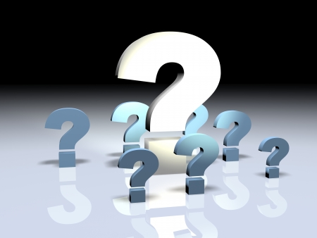 3d render illustration of a big question mark surrounded by smaller ones.の写真素材