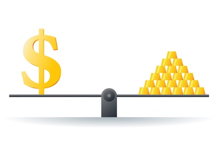 Vector illustration of a heap of gold bars on a scale with gold dollar symbol のイラスト素材
