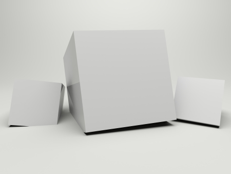 3d render illustration of three white boxes for background or backdrop.の写真素材