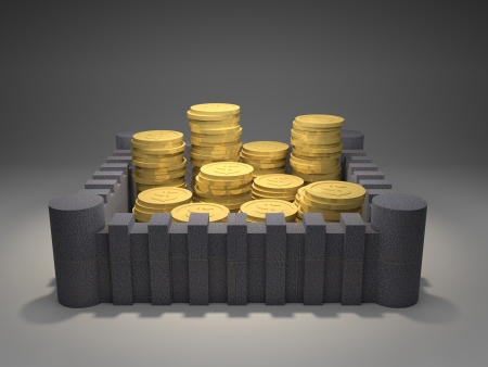 3d render illustration of heaps of gold coins protected inside a fortress の写真素材