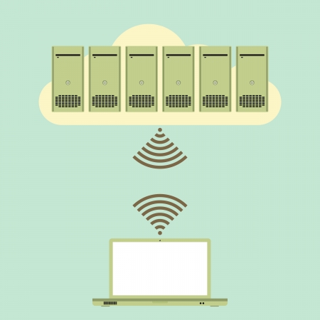 Vector illustration of several servers on an online cloud connected to a laptop wirelessly のイラスト素材