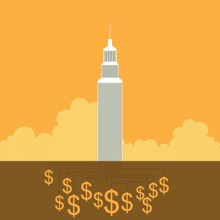 Vector illustration of an office tower building with roots of gold dollar symbols のイラスト素材