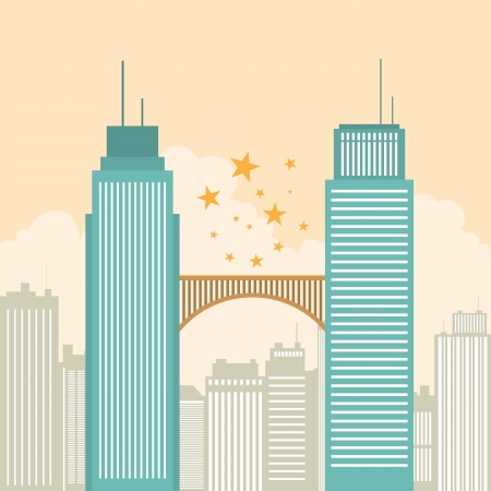 Vector illustration of two office tower buildings connected by a bridge のイラスト素材