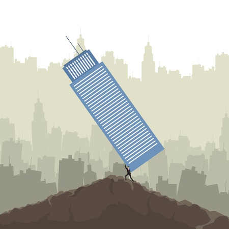 illustration of a businessman figure lifting a large office building.のイラスト素材