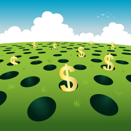  illustration of gold dollar symbols on lots of holes on the ground.のイラスト素材