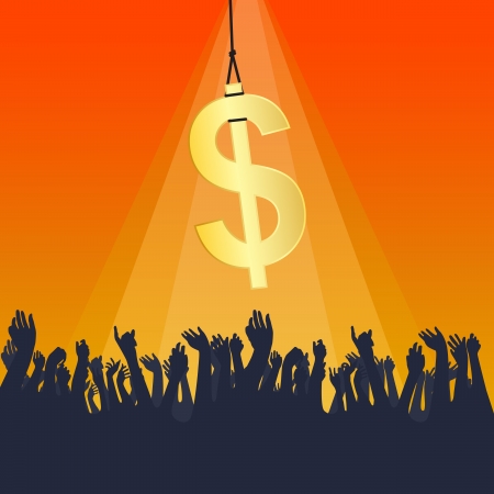 Illustration of golden dollar tied and lowered to eager hands のイラスト素材